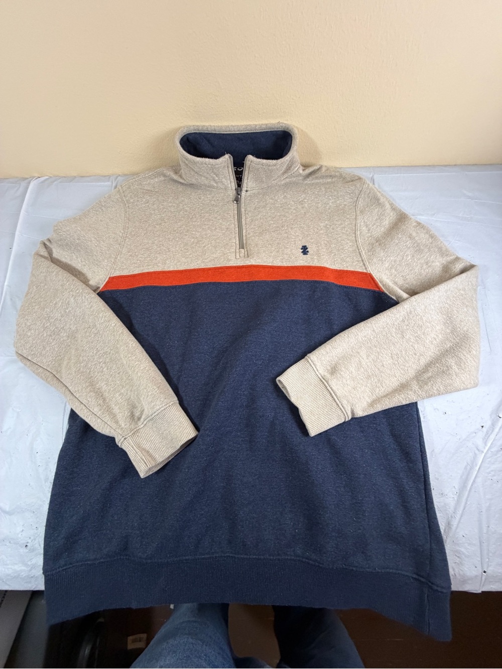 Izod Men’s Colorblock Half-Zip Sweater Navy, Beige‎ & Orange